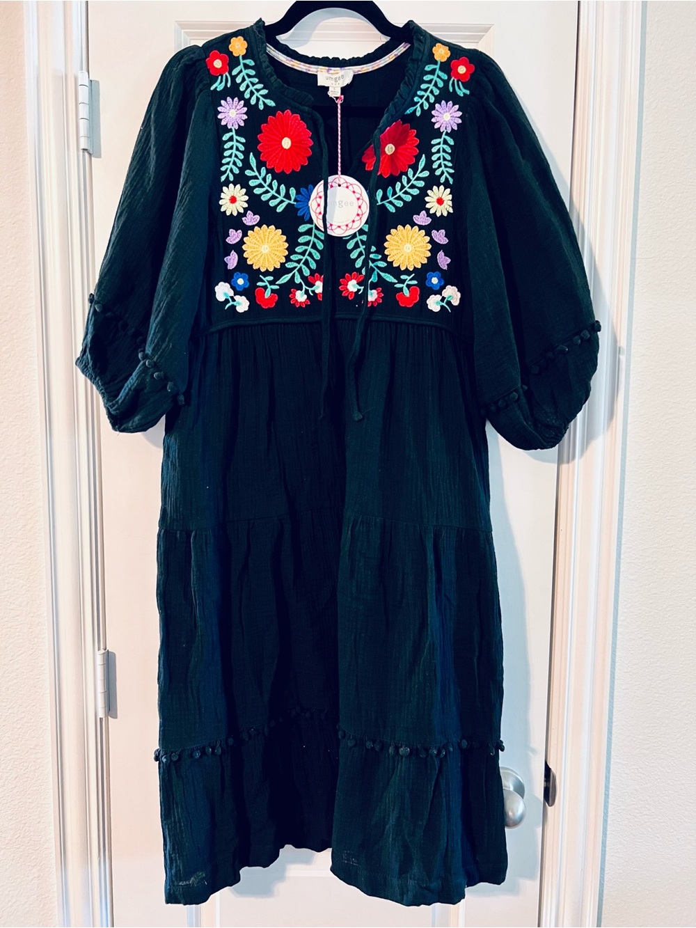 Black Embroidered Floral Tiered Dress